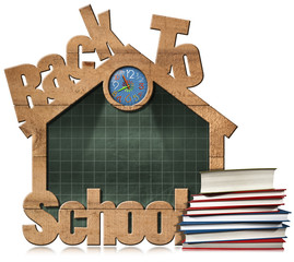 Wall Mural - Back to School - Blackboard School Building / Empty blackboard with wooden frame in the shape of school building with text Back to school, a stack of books and colorful clock