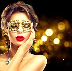 Poster - Beauty model woman wearing venetian masquerade carnival mask at party