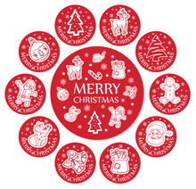 Round Christmas Greeting Cards Set. Vector Illustration
