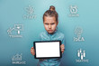 © maxximmm - Teen baby girl holding a tablet made offended person sketch icon