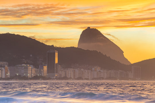 sunrise view of copacabana and mountain sugar loaf