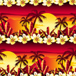 Tropical golden sunset with hibiscus flowers seamless pattern