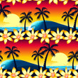 Tropical hibiscus and palm tree at sunset seamless pattern