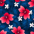 Tropical red hibiscus flowers in a seamless pattern