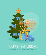 Happy Hanukkah Greeting Card Design, Jewish Holiday. 