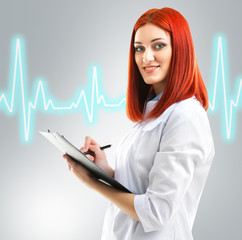 Canvas Print - Young beautiful doctor with clipboard and cardiogram