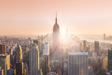 New York City Manhattan skyline in sunset.