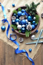 Christmas Tree,blue Ornaments And Candles