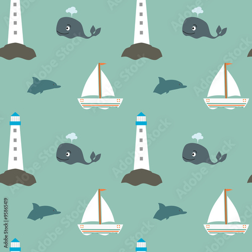 Plakat na zamówienie cartoon vintage retro sea seamless vector pattern with whale lighthouse boat and dolphin