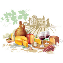 Still Life Of Wine, Cheese And Grapes