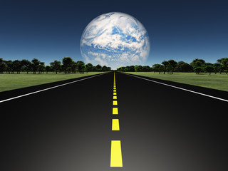 Wall Mural - Road on Alien earth like planet with twin planet in distance or