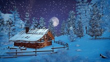 Dreamlike Winter Scene. Cozy Little Hut Among Snowy Firs At Snowfall Night With Fantastic Big Full Moon. Decorative 3D Illustration.