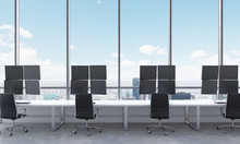 A Modern Trader's Workplaces In A Bright Modern Open Space Office. White Tables Equipped With Modern Trader's Stations And Black Chairs. New York In The Panoramic Windows. 3D Rendering.