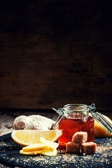 Canvas Print - Ingredients for ginger tea: sweet honey in a jar, lemon slices,