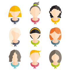 Set flat design of girls with different hairstyles. Vector illus