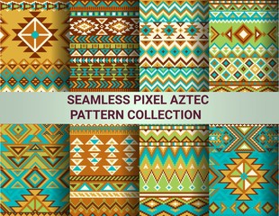 Collection of bright seamless pixel patterns in tribal style. Aztec geometric triangle and chevron patterns. Pantone colors.