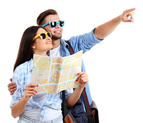 Poster - A pair of happy tourists sightseeing in summer, isolated on white