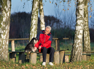 Wall Mural - Senior man with dog in the park