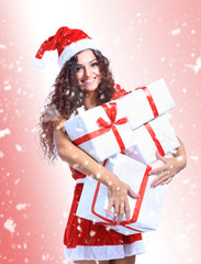 Christmas Santa woman portrait hold christmas gifts