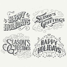 Happy Holidays. Hand Drawn Typography Headlines Set For Greeting Cards In Vintage Style