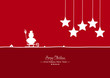 Rote Vektor Grußkarte für Weihnachten und Neujahr- Merry Christmas - Happy New Year - Jahreswechsel. Weihnachtskarte mit Schneemann auf Schlitten und hängenden Sternen. Weiße Silhouetten, Shapes.
