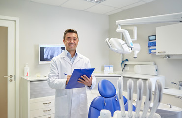 Wall Mural - happy male dentist with clipboard at dental clinic