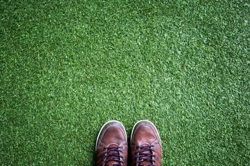 Wall Mural - tan boots shoes on the lawn, grass yard