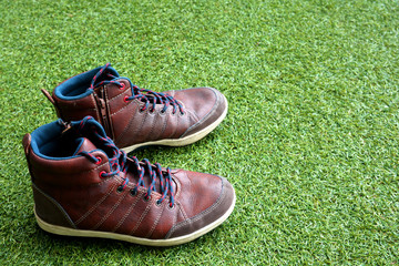 Wall Mural - tan boots shoes on the lawn, grass yard