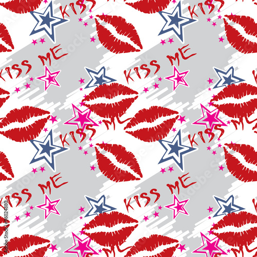 Plakat na zamówienie Seamless pattern red lips with stars.