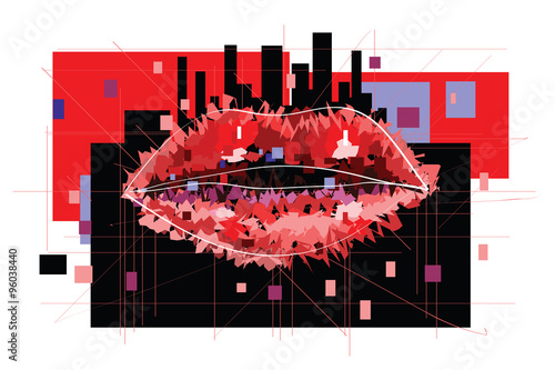 Plakat na zamówienie Beautiful woman lips formed by abstract shapes and abstract big city silhouette as background. Geometrical vector illustration for night city, night club, passion, black friday sale concept. Eps 10.