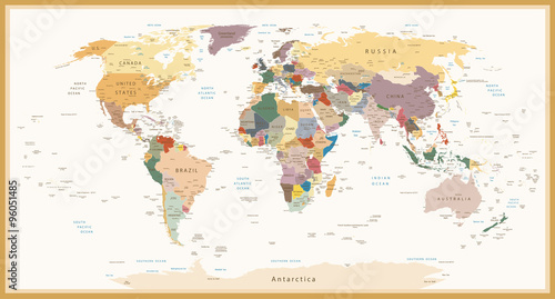 Fototapeta na wymiar Highly Detailed Political World Map Vintage Colors