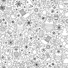 Christmas seamless pattern. Vector hand drawn outline winter elements. Fun doodle background for kids. Snowflake, owl, christmas tree, mittens, socks. On white background.