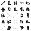 Set of equipment, cloth and shoes for winter kind of sports. Snowbord, mountain skies, cross country skies. Special protection cloth and shoes. Silhouette design. Ski icons series.