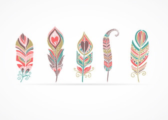 Wall Mural - Hand drawn bohemian, tribal, ethnic feathers. Colorful set