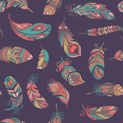 Wall Mural - Bohemian style feathers seamless pattern