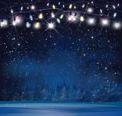 Wall Mural - vector christmas lights on night wonderland background.