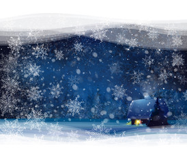 Wall Mural - vector night winter landscape with house and forest background,