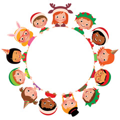 children of different nationalities in the costumes of christmas in the circle/cartoon vector illust