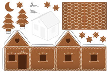 Gingerbread House Paper Model With Trees, Moon And Stars - Print It On Heavy Paper, Cut The Pieces Out, Score And Fold Them And Glue Them Together. Isolated Vector Illustration On White Background.