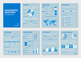 Blue business A4 brochures with infographic vector elements. 