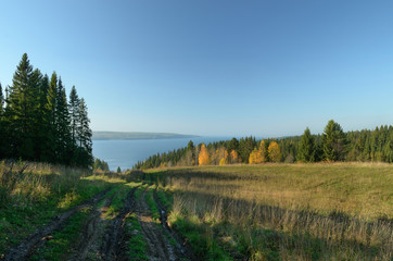 Wall Mural - sky forest meadow hills river autumn, fall