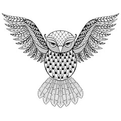 Sticker - Zentangle vector Owl for adult anti stress coloring pages. Ornam