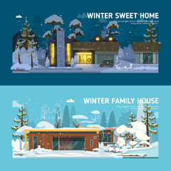 Two family house and apartment banners in winter.