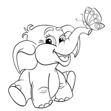 Funny Cartoon Baby Elephant With Butterfly. Black And White Vector Illustration For Coloring Book