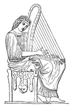 Woman Playing The Harp, Vintage Engraving.