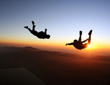 Skydivers At The Sunset