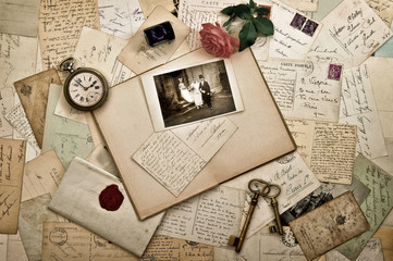 Wall Mural - Old letters, photographs and postcards. Wedding background