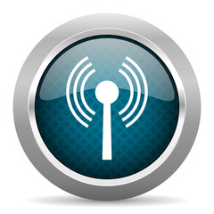 wifi blue silver chrome border icon on white background