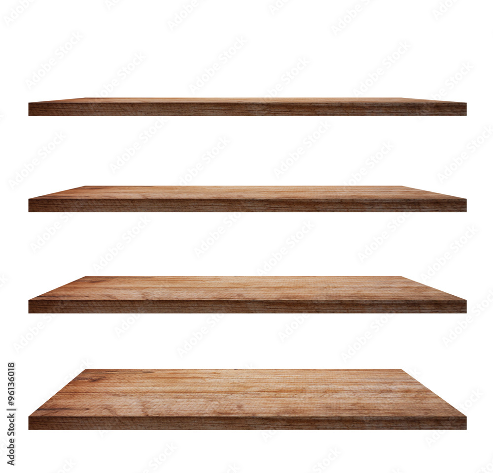 collection of wooden shelves on an isolated white background Stock ...