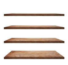 Collection Of Wooden Shelves On An Isolated White Background